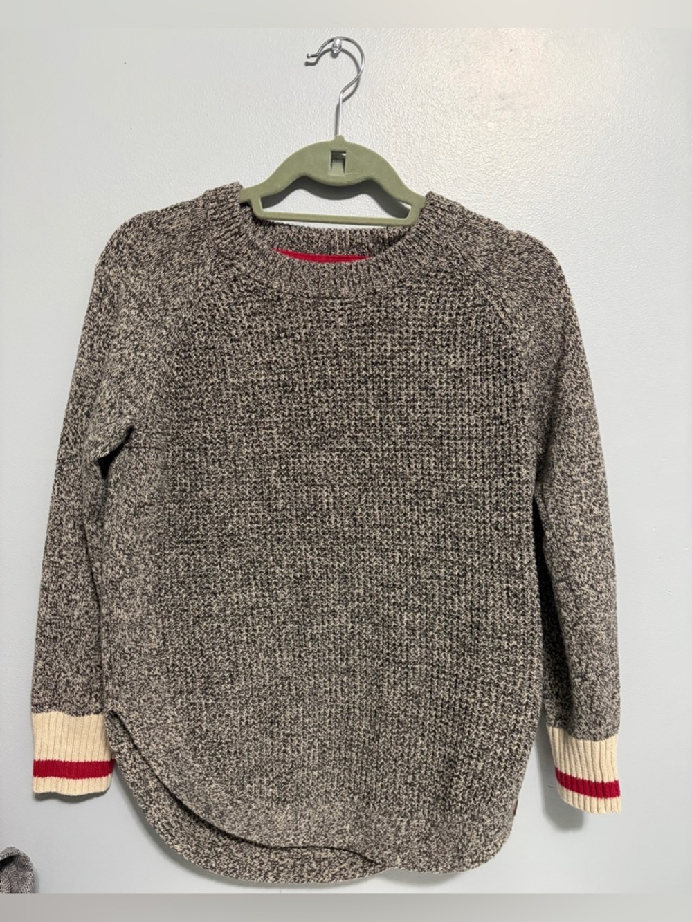 ROOTS Cozy Marled Brown Crewneck Sweater with Stripe Cuffs
